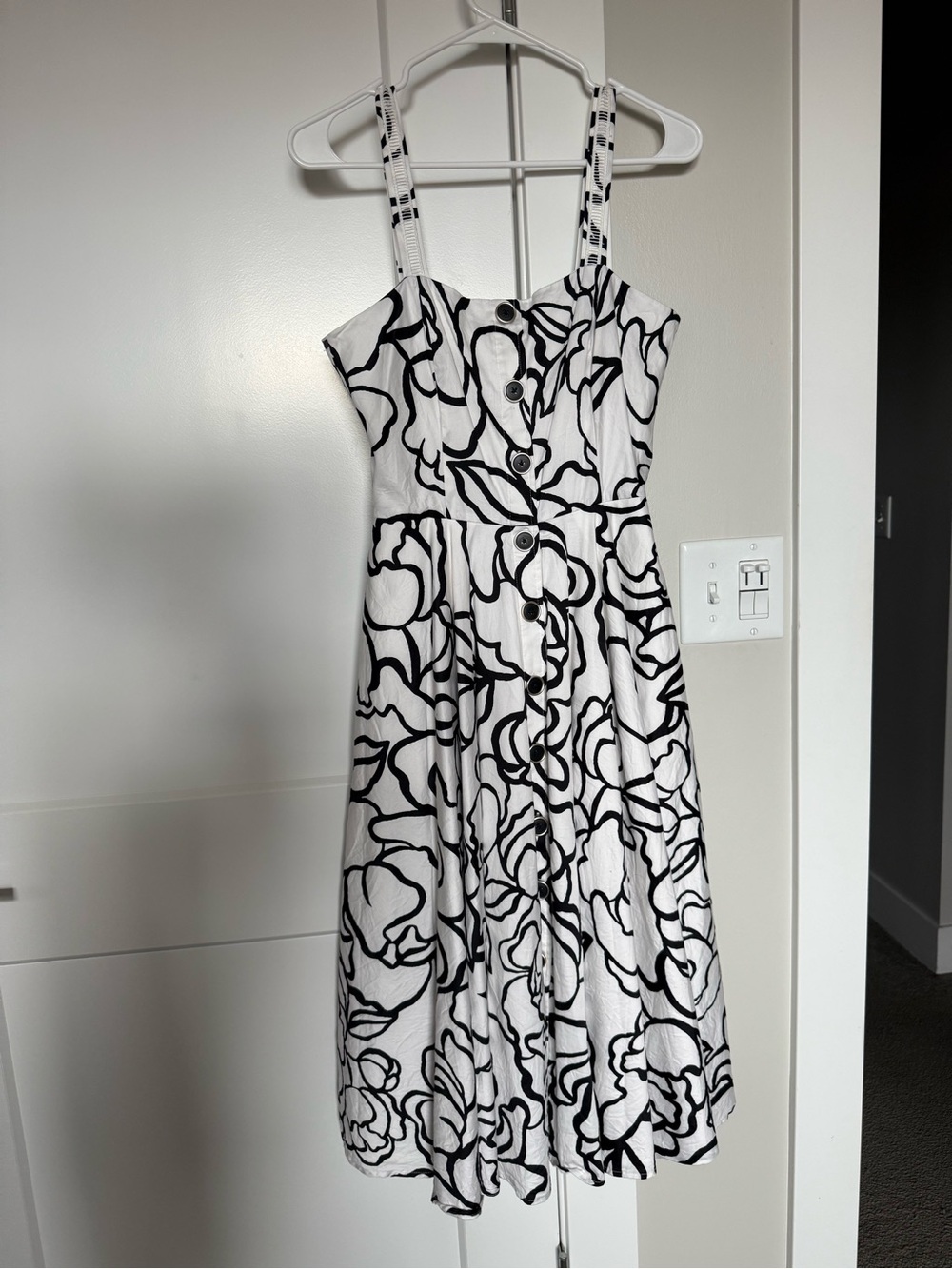 White House Black Market Black & White Floral Midi Dress with Front Buttons